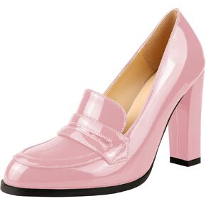 Lutalica W Women's Handmade Closed Round Toe Patent Leather Slip On Dressy Chunky High Heel Loafer Pumps Shoes for Work Party Evening