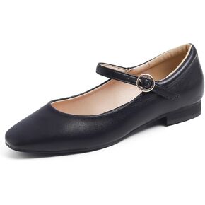 FEVERSOLE Women's Mary Jane Fashion Square Toe Padded Ankle Low Heel Slip On Flats