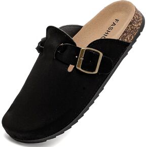 Women's Suede Clogs Mens Leather Mules Comfort Cork Footbed Sandals with Arch Support and Adjustable Buckle Black