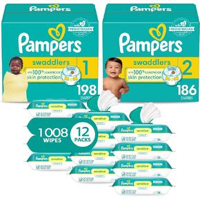 Pampers Baby Diapers and Wipes Starter Kit, Swaddlers Disposable Sizes 1 (198 Count) & 2 (186 Count) with Sensitive Water Based 12X Multi Pack Pop-Top Refill (1008 Count)