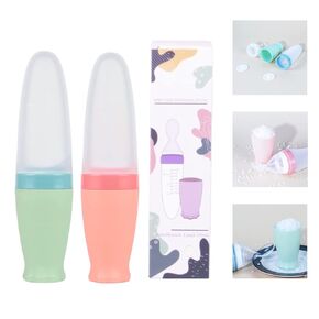 2 Pieces Baby Silicone Feeding Bottle Spoon Baby Food Feeder with Standing Base for Infant 6 Months and Plus Dispensing and Feeding (Pink)