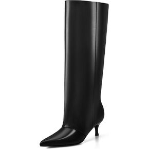 MIRAAZZURRA Black Knee High Boots for Women Slouchy Fold Over Boots Wide Calf Kitten Heel Pointed Toe Pull on Women Boots Size 10