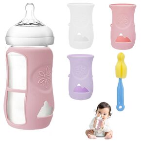 3Pcs Avent Silicone Bottle Sleeve for Philips Avent Glass Bottles, Baby Bottle Holder Compatible with Avent Glass Bottles 8 Oz, Avent Glass Bottle Sleeve for Phillips Avent Bottles with a Bottle Brush