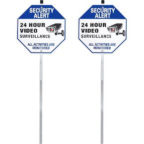 Security Alert 24 Hour Video Surveillance Sign All Activities Are Monitored, Rustproof Aluminum Yard Sign with Stake, Reflective Metal Sign, CCTV Warning Sign Outdoor, Blue, 10 x 10 inch, 2 Pcs