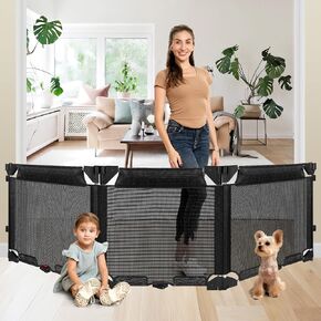 82" Extra Wide Baby Gate 3-Panel Foldable Dog Gate for The House, 27.5" Tall Easy Step Over Dog Gate Mesh Baby Barrier Hardware Mounted Dog Fence Indoor Short Pet Gate for Stairs Doorways (Black)