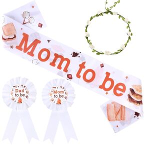 Serencatcher Camping Baby Shower Decorations, Smores Decorations Mom to Be Maternity Sash Mom Dad to Be Button Tinplate Badge Pin Flower Crown Headband for Smores Campfire Gender Reveal Party