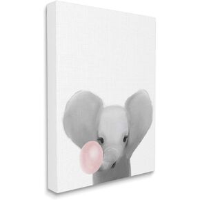 Stupell Industries Baby Elephant with Pink Bubble Gum Safari Animal, Design by Leah Straatsma Canvas Wall Art, 16x20, White