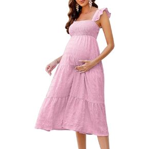 KOJOOIN Womens Maternity Dress Summer Sleeveless Smocked Square Neck Ruffle Casual Boho Midi Dress Baby Shower Photoshoot