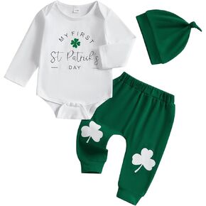 Karuedoo Newborn Baby Boy St Patricks Day Outfit Letter Shamrock Print Long Sleeve Romper Long Pants Hat 3Pcs Outfits Set