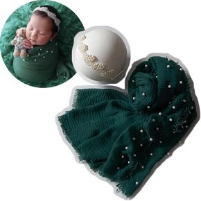Zeroest Newborn Photo Wrap Pearl Edged Layer with Fringes Photography Prop Baby Drape Wrap Infant Photoshoot Pearl Headband