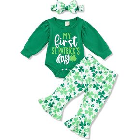 St Patricks Day Baby Girl Outfit My First St Patricks Day Romper Tops Four Leaf Clover Flare Pants with Headband Set