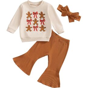 Toddler Baby Girl Christmas Outfits Bow Sweatshirt Ribbed Bell Bottoms Flared Pants Set Headband 3Pcs Xmas Clothes