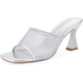 Women's Mule Heels Chunky Kitten Heeled Sandals Mesh Slip On Square Toe Comfortable Casual Dress Pumps Shoes