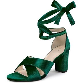 Perphy Velvet Chunky Heel Cross Strap Lace Up Sandals for Women