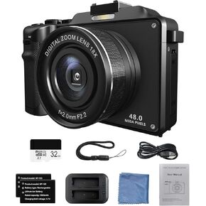 Digital Camera,Cameras for Photography,48MP&4K&18X Zoom,AutoFocus,Anti-Shake,32GB Micro SD+2 Batteries,Travel Portable Camera Beginner Vlogging Camera Black,Gray