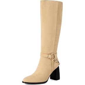 Women's Knee High Boots Chunky High Heels Classic Suede Mid Calf Boots with Chain Round Toe Pull On Fashion Buckles Dressy Boot Sexy Boot