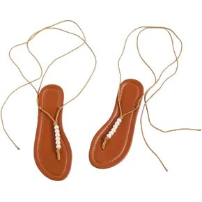 GORGLITTER Women's Pearl Decor Lace Up Thong Flat Sandals Criss Cross Strappy Open Toe Beach Sandal