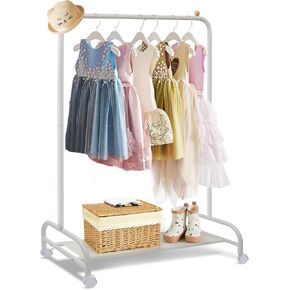 Kids Clothing Rack, Dress Up Rack with 4 Wheels and Bottom Storage Shelf, Small Toddler Garment Rack for Hanging Dressers, Skirts, Dance Costume, Baby Clothes Rack for Girls Gifts, White