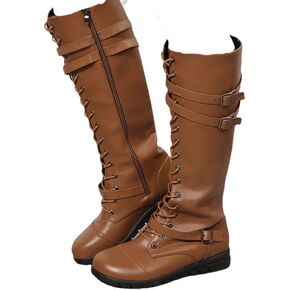 CROSSBABY Women's Vintage Buckle Leather Lace Up Combat Booties,Sexy Knee High Platform Side Zip-up Mid-Calf Boots