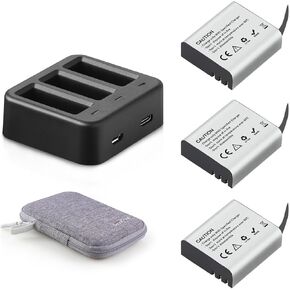 1350mAh Action Camera Rechargeable Batteries (3-Pack) with 3 Channel USB Charger for AKASO Brave 4/V50X, Dragon Touch, Crosstour, Campark, APEMAN, PG900/PG1050/S009R and More