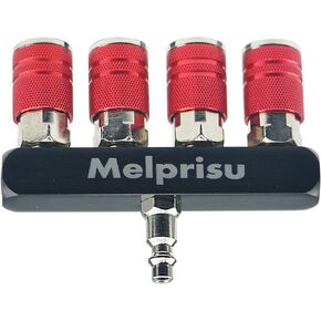 Air Compressor Manifold 4Way Air Hose Splitter Air Manifold In-line Aluminum 1/4 Air Compressor Fittings I/M Style 4 Couplers and 1/4" Male NPT Plug Red