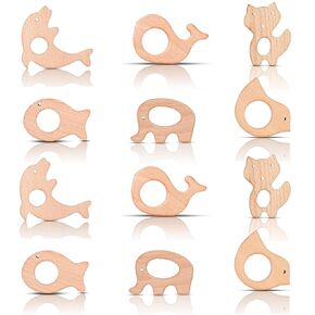 IoF 12 Pcs Teething Toys for Babies, Natural Wooden Teething Rings Baby Teether Chew Toys for Infant Toddler Teethers Crackers Animal Set Pain Relief Handmade Hanging Ring Set Toy