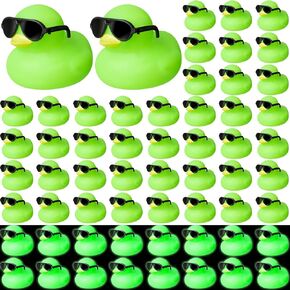 Meooeck 60 Pcs Mini Rubber Ducks with 60 Sunglasses 2.2'' Glow in The Dark Rubber Ducks Squeak Rubber Duckies Bulk Bathtub Toys Floating Fluorescent Tiny Ducks Light Up Duck for Shower (Green)