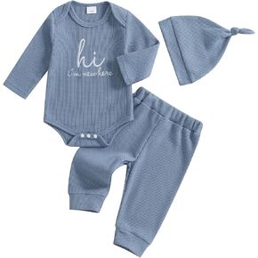 MERSARIPHY Newborn Baby Boy Clothes Waffle Knitted Letter Printed Romper Pants Sets Hi I'm New Here Going Home Outfit 3Pcs