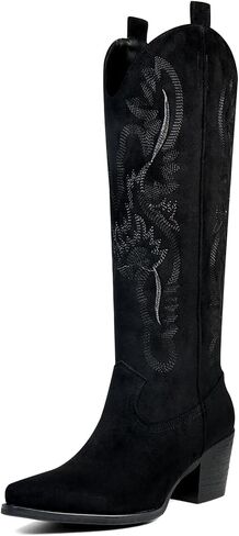 Cowboy Boots for Women Knee High Boots Pointy Toe Suede Boots with Embroidered Chunky Heel Western Cowgirl Boots in Saudi Arabia