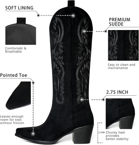 Cowboy Boots for Women Knee High Boots Pointy Toe Suede Boots with Embroidered Chunky Heel Western Cowgirl Boots in Saudi Arabia