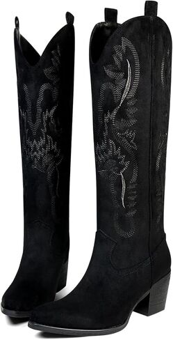 Cowboy Boots for Women Knee High Boots Pointy Toe Suede Boots with Embroidered Chunky Heel Western Cowgirl Boots in Saudi Arabia