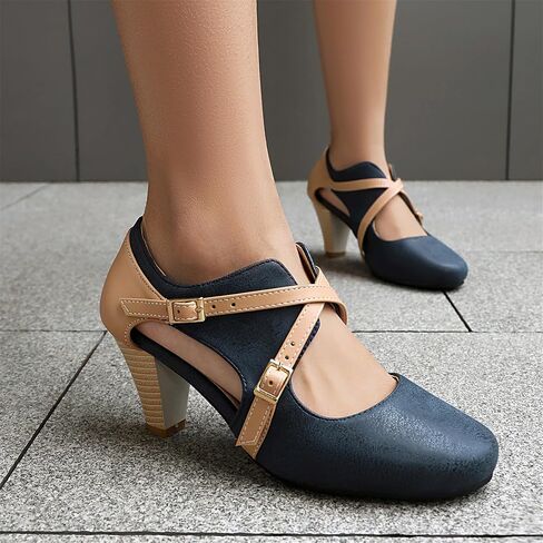 Elerhythm Women's Mary Jane 1920s Pump Heels Two Straps Classic and Retro 1950s Vintage Round Closed Toe 1940s Shoes in Kuwait