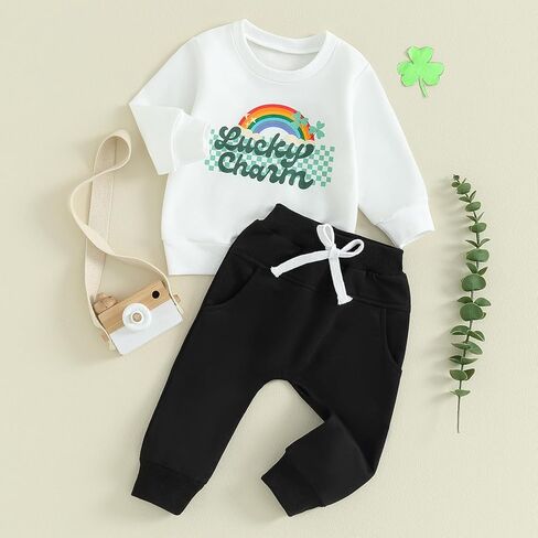 طفل رضيع سانت باتريك ملابس ماما محظوظ الأكمام طويلة الأكمام من النوع الثقيل والسروال مجموعة لفة الأطفال in Kuwait