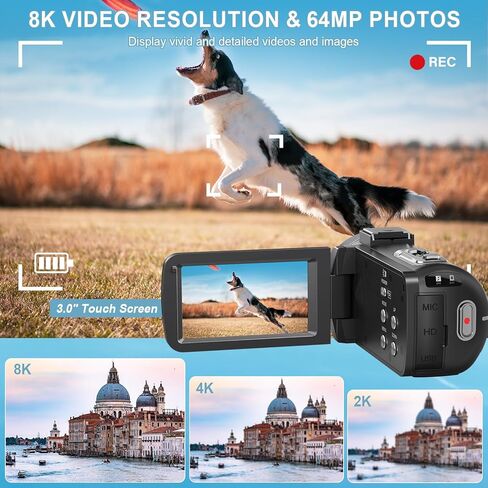 8K 64MP Camcorder Video Camera IR Night Vision 18X Digital Zoom YouTube Vlogging Camcorder Webcam WiFi 3.0"Touch Screen Camcorders with Microphone, 32G SD Card, and 2 Batteries in Kuwait
