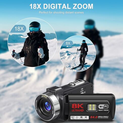 8K 64MP Camcorder Video Camera IR Night Vision 18X Digital Zoom YouTube Vlogging Camcorder Webcam WiFi 3.0"Touch Screen Camcorders with Microphone, 32G SD Card, and 2 Batteries in Kuwait