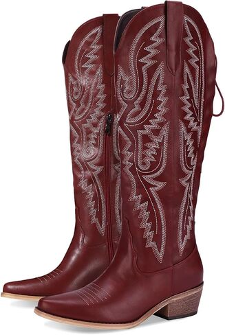 Cowboy Boots For Women Embroidered Wide Calf Boots With Back Lace Up Chunky Block Heels Pointed Toe Western Cowgirl Boot Comfortable Tall Boots for Prom Casual Trendy Shoes in Kuwait