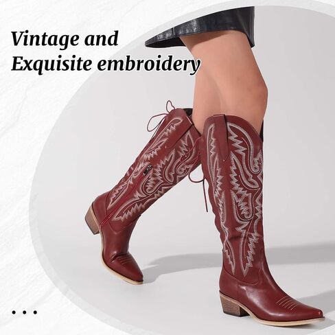 Cowboy Boots For Women Embroidered Wide Calf Boots With Back Lace Up Chunky Block Heels Pointed Toe Western Cowgirl Boot Comfortable Tall Boots for Prom Casual Trendy Shoes in Kuwait
