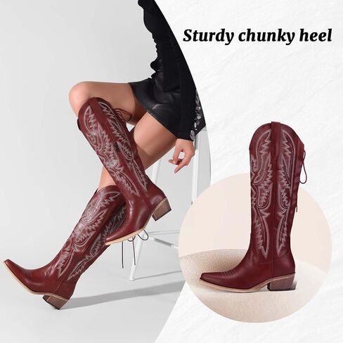 Cowboy Boots For Women Embroidered Wide Calf Boots With Back Lace Up Chunky Block Heels Pointed Toe Western Cowgirl Boot Comfortable Tall Boots for Prom Casual Trendy Shoes in Kuwait