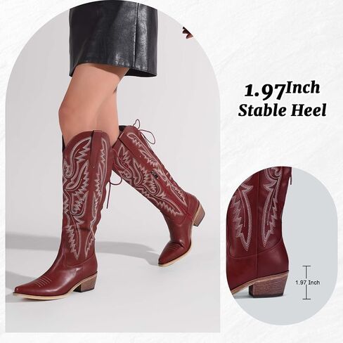 Cowboy Boots For Women Embroidered Wide Calf Boots With Back Lace Up Chunky Block Heels Pointed Toe Western Cowgirl Boot Comfortable Tall Boots for Prom Casual Trendy Shoes in Kuwait