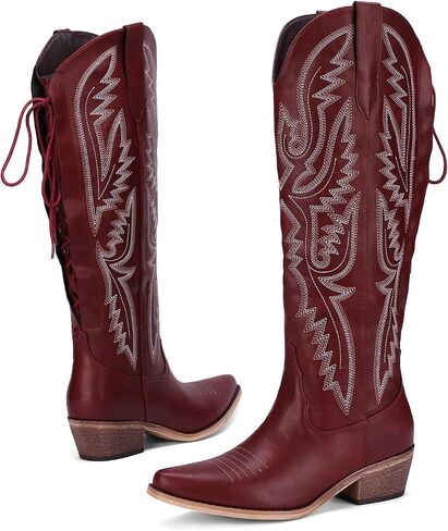 Cowboy Boots For Women Embroidered Wide Calf Boots With Back Lace Up Chunky Block Heels Pointed Toe Western Cowgirl Boot Comfortable Tall Boots for Prom Casual Trendy Shoes in Kuwait