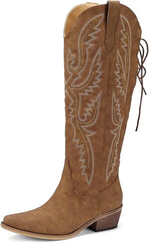 Cowboy Boots For Women Embroidered Wide Calf Boots With Back Lace Up Chunky Block Heels Pointed Toe Western Cowgirl Boot Comfortable Tall Boots for Prom Casual Trendy Shoes in Kuwait