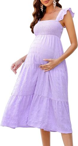 KOJOOIN Womens Maternity Dress Summer Sleeveless Smocked Square Neck Ruffle Casual Boho Midi Dress Baby Shower Photoshoot in Kuwait