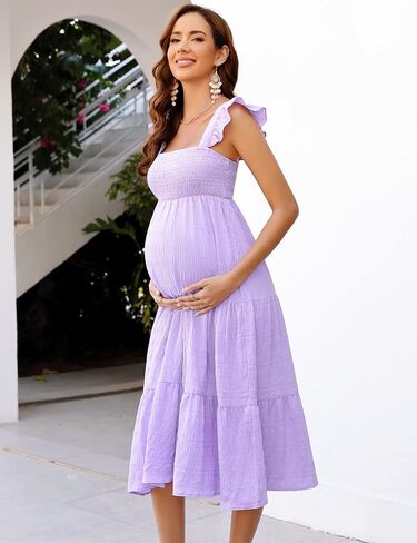 KOJOOIN Womens Maternity Dress Summer Sleeveless Smocked Square Neck Ruffle Casual Boho Midi Dress Baby Shower Photoshoot in Kuwait