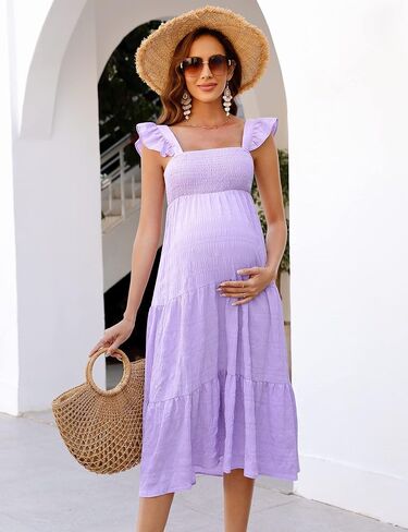 KOJOOIN Womens Maternity Dress Summer Sleeveless Smocked Square Neck Ruffle Casual Boho Midi Dress Baby Shower Photoshoot in Kuwait