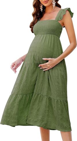 Kojooin Womens فستان الأمومة الصيف بلا أكمام مربعة مربع رقبة كشكش عارض in Kuwait