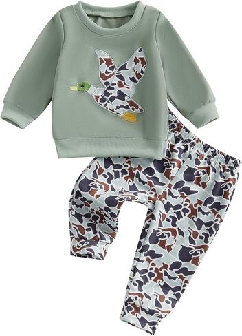 Toddler Baby Girl Boy Outfit Long Sleeve Mallard Duck Crewneck Sweatshirt Pullover Camouflage Pant Set Fall Winter in Kuwait