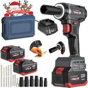 Arcwares Impact Wrench, 21V Cordless Impact Wrench, Brushless Electric Impact Wrench, 2500RPM 350N.m Torque Impact Gun,2x 4.0Ah Batteries Impact Wrench with LED Ring Light and Hammer Function