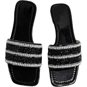 Women's Rhinestone Sandals Glitter Flat Sandals Sparkly Slides Dressy Square Open Toe Bling Slip on Slides
