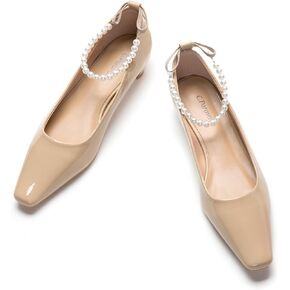 C.Paravano Chunky Low Heel Women's Square Toe Pumps Slip-On Closed Toe Low Heeled Pearl Ankle Strap Pumps Bridal Wedding Shoes