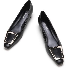 C.Paravano Chunky Low Heel Women's Square Toe Pumps Slip-On Closed Toe Low Heeled Pearl Ankle Strap Pumps Bridal Wedding Shoes